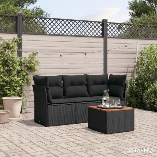 Salon de jardin 4 pcs avec coussins noir rsine tresse