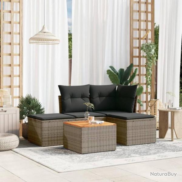 Salon de jardin 5 pcs avec coussins gris rsine tresse