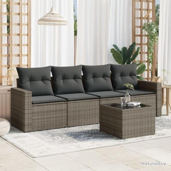 Salon de jardin 5 pcs avec coussins gris rsine tresse