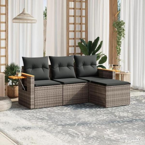 Salon de jardin 4 pcs avec coussins gris rsine tresse