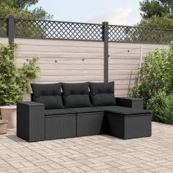 Salon de jardin 4 pcs avec coussins noir résine tressée