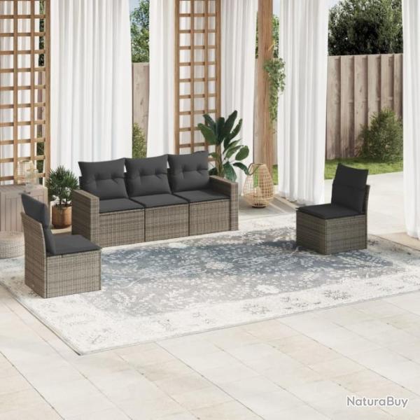 Salon de jardin 5 pcs avec coussins gris rsine tresse