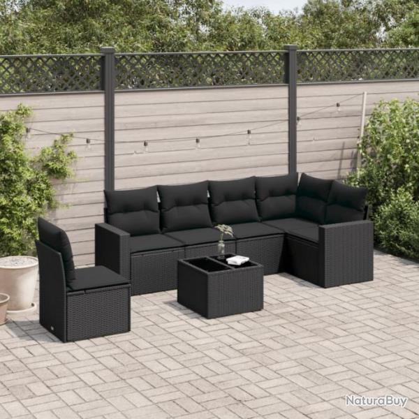 Salon de jardin 7 pcs avec coussins noir rsine tresse