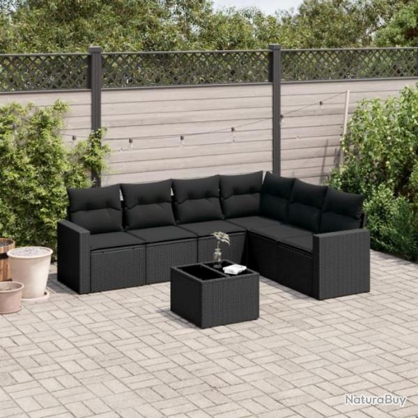 Salon de jardin 7 pcs avec coussins noir rsine tresse