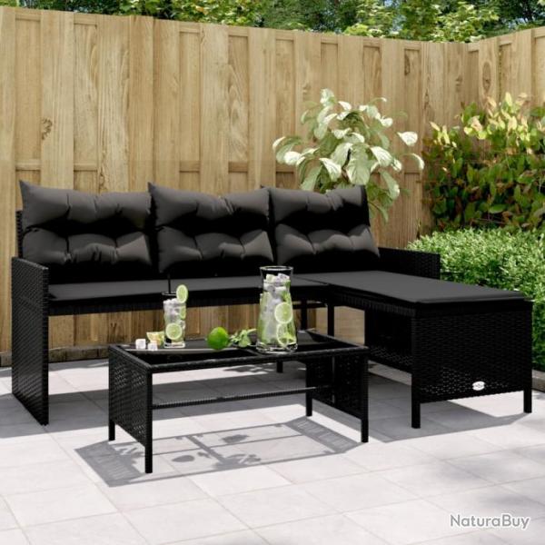 Canap de jardin avec table et coussins en forme de L noir