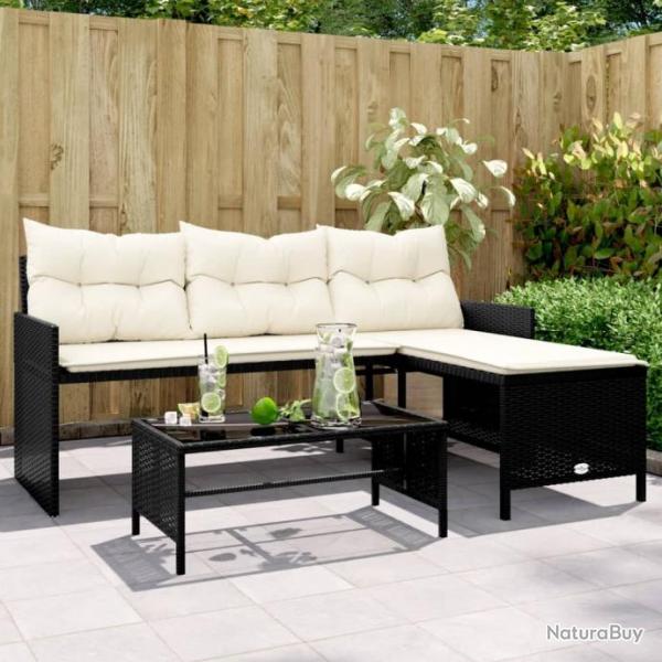 Canap de jardin avec table et coussins en forme de L noir