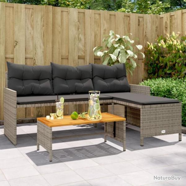 Canap de jardin avec table et coussins en forme de L gris