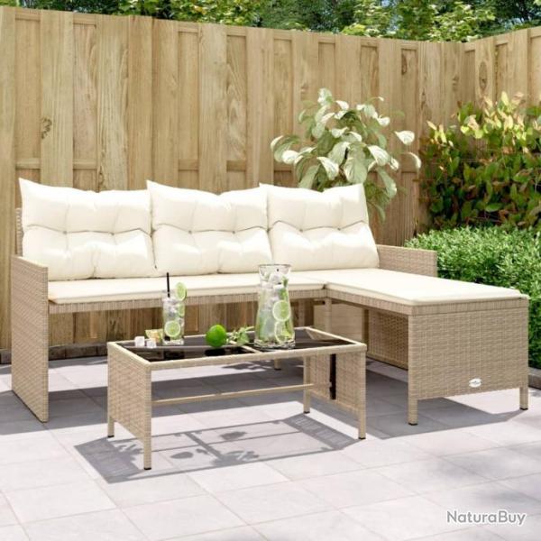 Canap de jardin avec table et coussins en forme de L beige