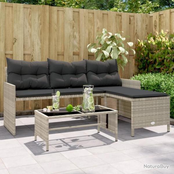 Canap de jardin et table et coussins en forme de L gris clair