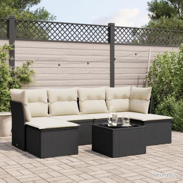 Salon de jardin 7 pcs avec coussins noir rsine tresse