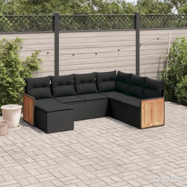 Salon de jardin 7 pcs avec coussins noir rsine tresse