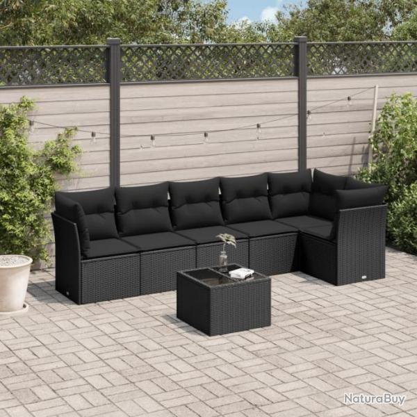 Salon de jardin 7 pcs avec coussins noir rsine tresse