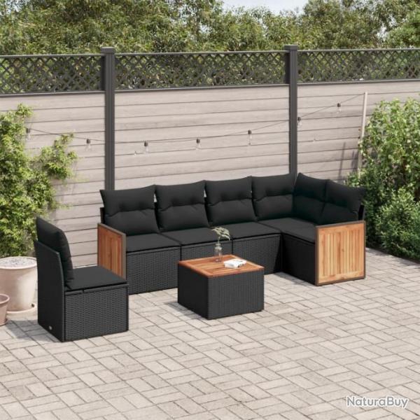 Salon de jardin 7 pcs avec coussins noir rsine tresse