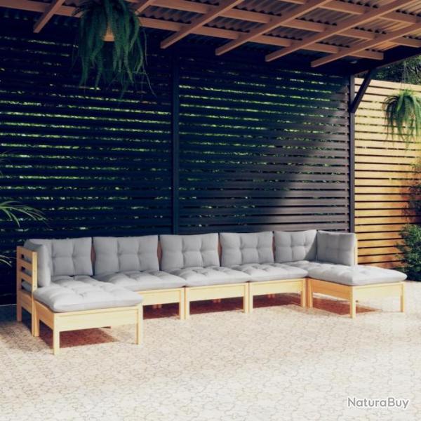 Salon de jardin 7 pcs avec coussins gris bois de pin