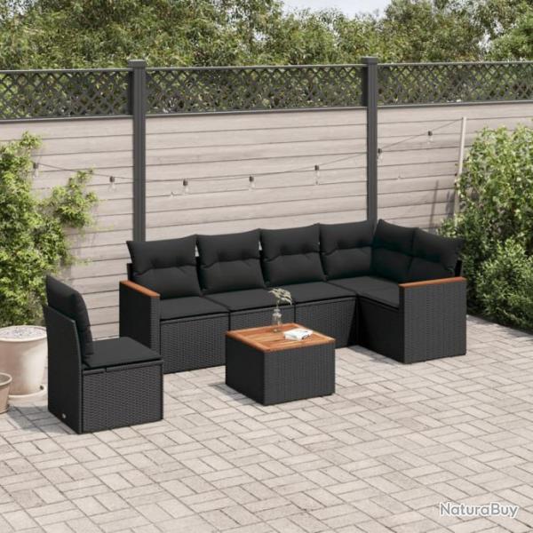 Salon de jardin 7 pcs avec coussins noir rsine tresse