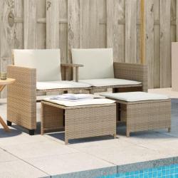 Canapé de jardin 2 places avec table et tabourets beige rotin