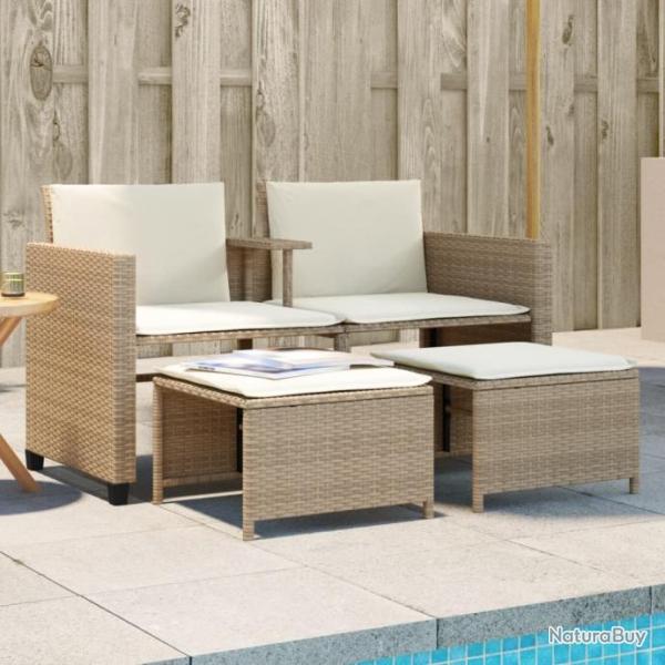 Canap de jardin 2 places avec table et tabourets beige rotin