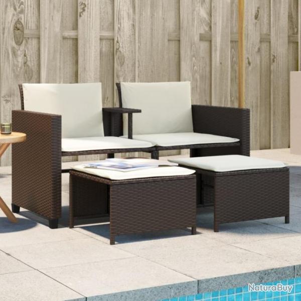 Canap de jardin 2 places avec table et tabourets marron rotin