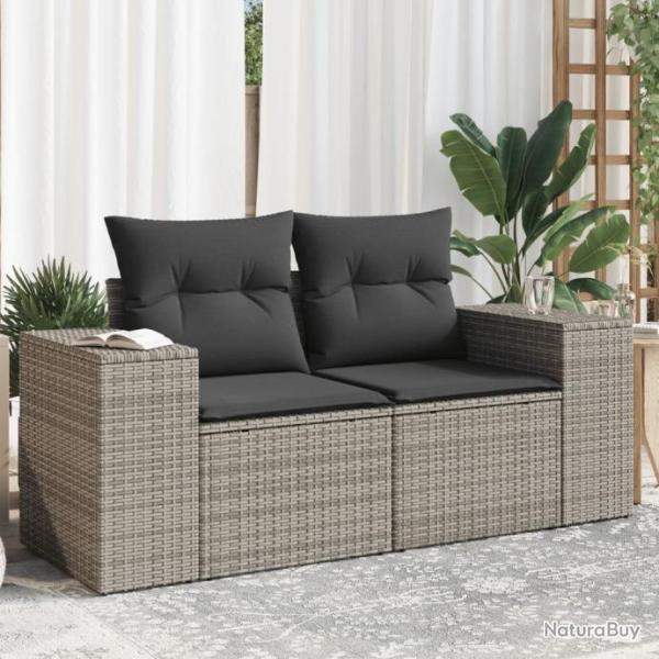 Canap de jardin 2 places avec coussins gris rsine tresse