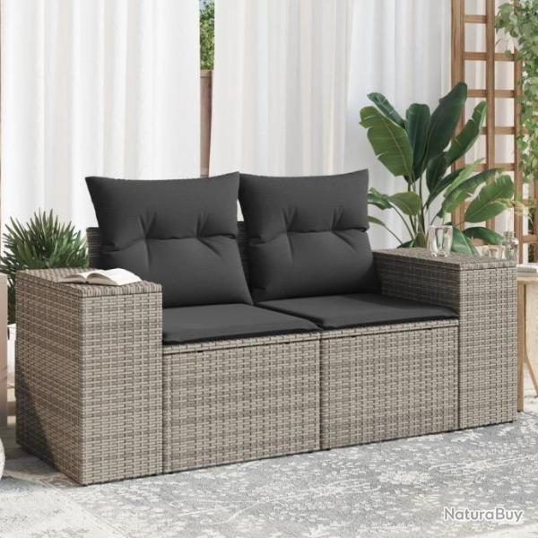 Canap de jardin 2 places avec coussins gris rsine tresse