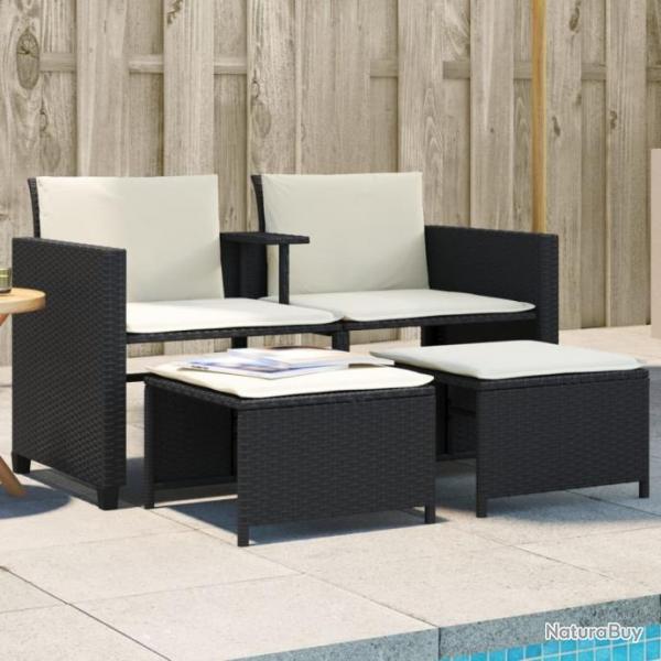 Canap de jardin 2 places avec table et tabourets noir rotin