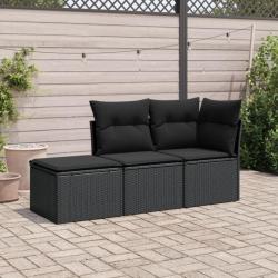 Salon de jardin 3 pcs avec coussins noir résine tressée