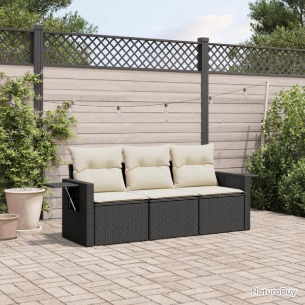 Salon de jardin 3 pcs avec coussins noir rsine tresse