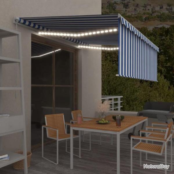 Auvent manuel rtractable avec store et LED 4x3 m Bleu et blanc