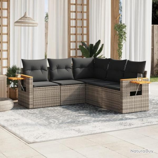 Salon de jardin 5 pcs avec coussins gris rsine tresse