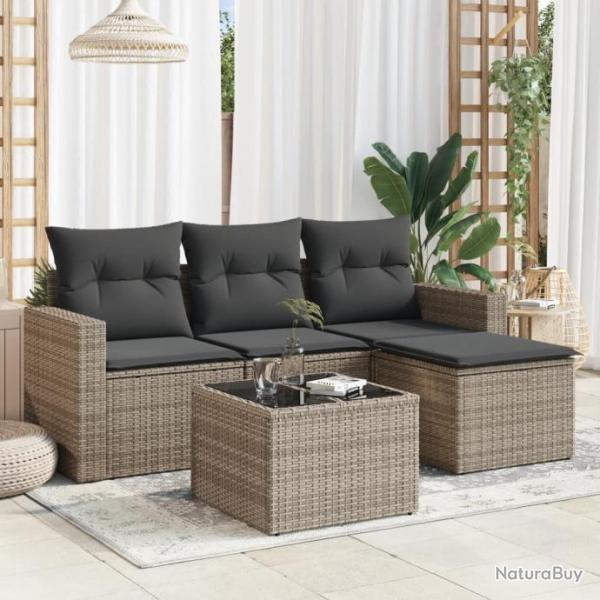 Salon de jardin 5 pcs avec coussins gris rsine tresse