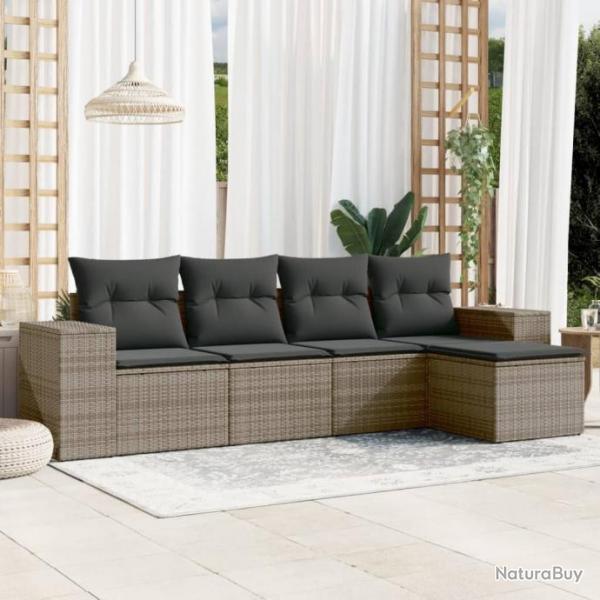 Salon de jardin 5 pcs avec coussins gris rsine tresse