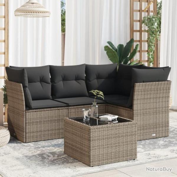 Salon de jardin 5 pcs avec coussins gris rsine tresse