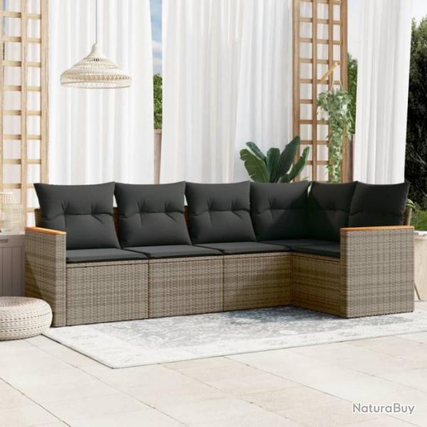 Salon de jardin 5 pcs avec coussins gris rsine tresse