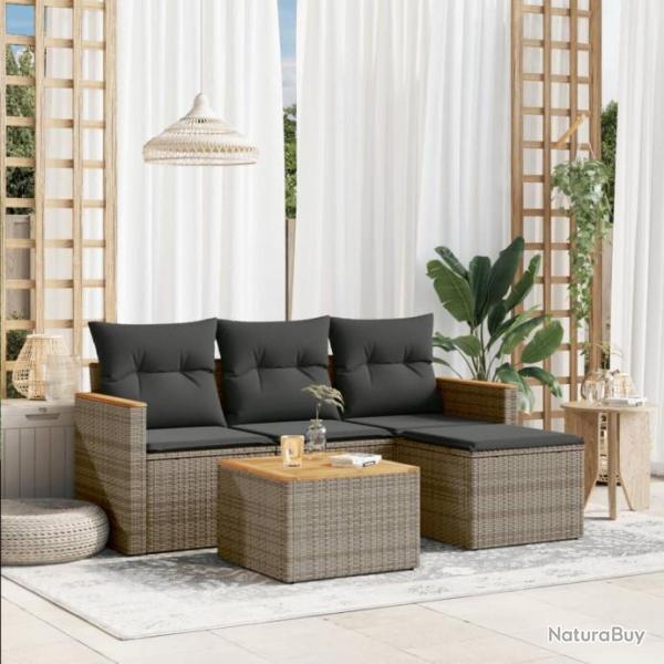 Salon de jardin 5 pcs avec coussins gris rsine tresse