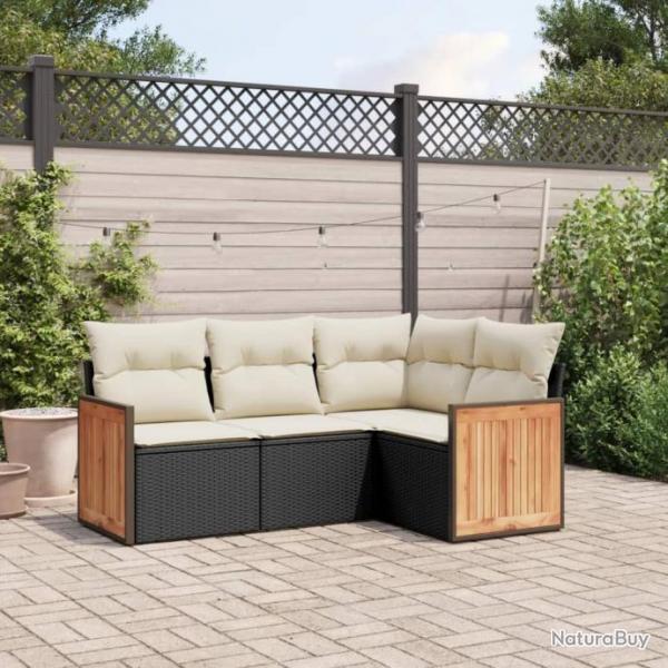 Salon de jardin 4 pcs avec coussins noir rsine tresse