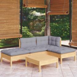 Salon de jardin 5 pcs avec coussins gris bois de pin