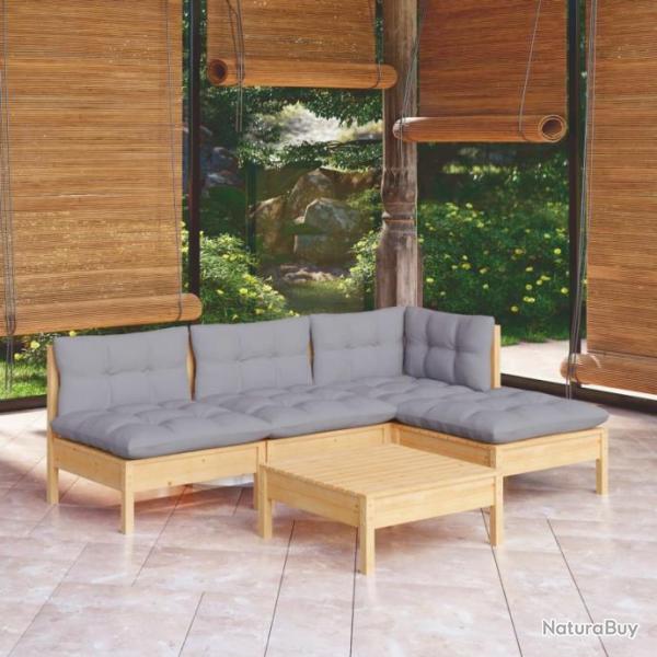 Salon de jardin 5 pcs avec coussins gris bois de pin