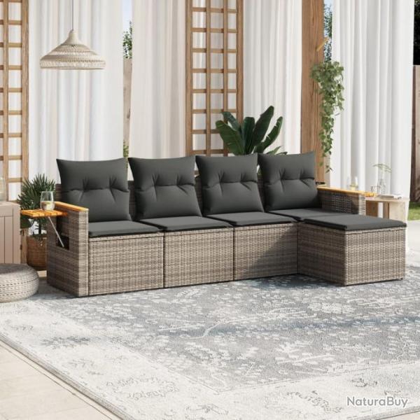 Salon de jardin 5 pcs avec coussins gris rsine tresse