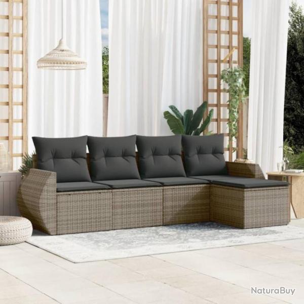 Salon de jardin 5 pcs avec coussins gris rsine tresse