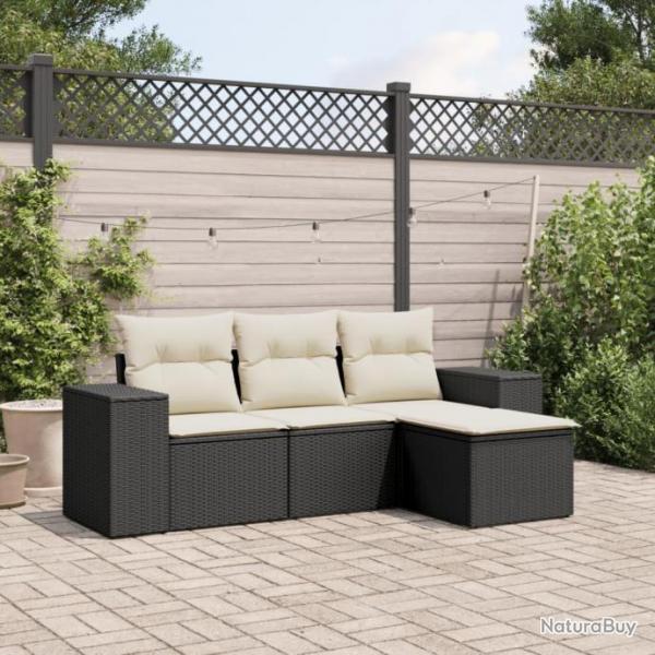 Salon de jardin 4 pcs avec coussins noir rsine tresse