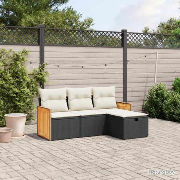 Salon de jardin 4 pcs avec coussins noir rsine tresse