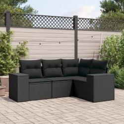 Salon de jardin 4 pcs avec coussins noir résine tressée