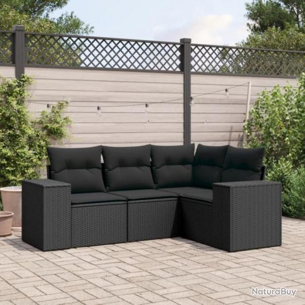 Salon de jardin 4 pcs avec coussins noir rsine tresse