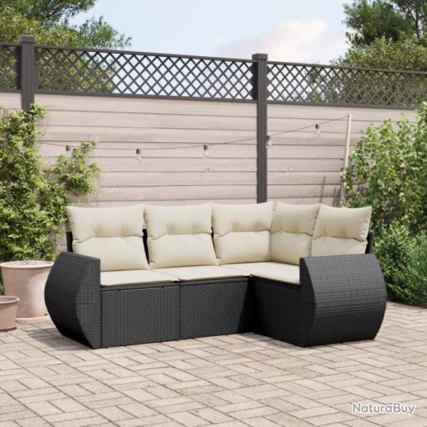 Salon de jardin 4 pcs avec coussins noir rsine tresse