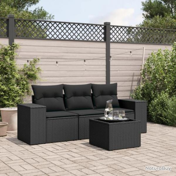 Salon de jardin 4 pcs avec coussins noir rsine tresse