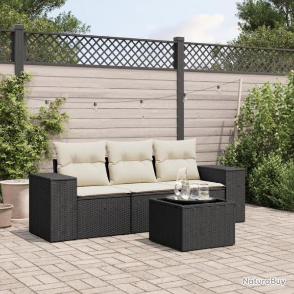 Salon de jardin 4 pcs avec coussins noir rsine tresse