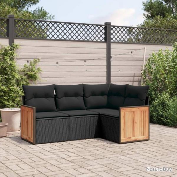 Salon de jardin 4 pcs avec coussins noir rsine tresse