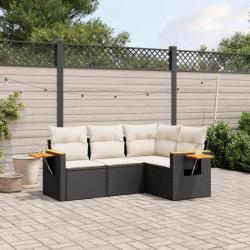 Salon de jardin 4 pcs avec coussins noir résine tressée