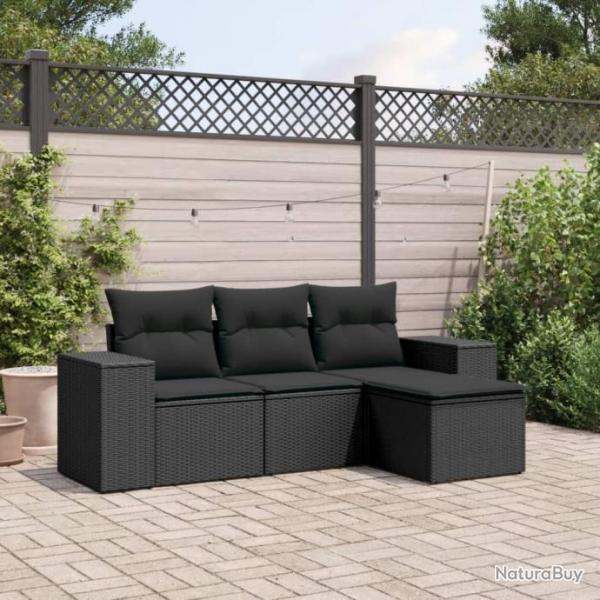 Salon de jardin 4 pcs avec coussins noir rsine tresse