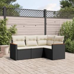 Salon de jardin 4 pcs avec coussins noir résine tressée